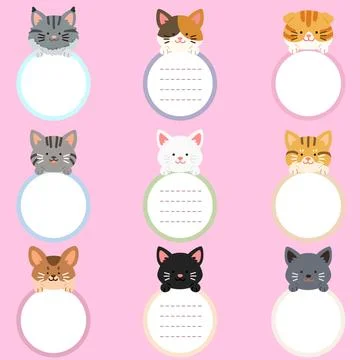 Flat colored adorable and simple cat heads with front paws holding circle Illustration