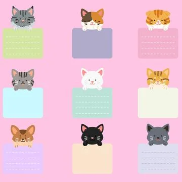 Flat colored adorable and simple cat heads with front paws holding a note Illustration