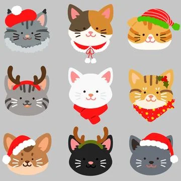 Flat colored adorable and simple cat heads set Christmas version Stock Illustration