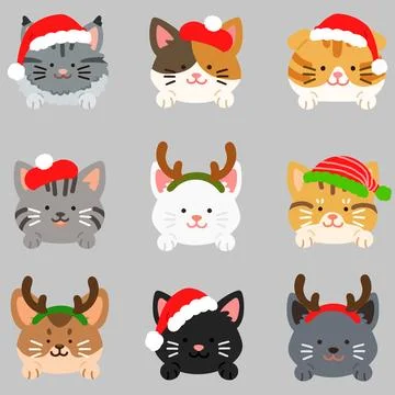 Flat colored adorable and simple cat heads with front paws set Christmas Stock Illustration