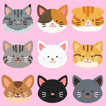Flat colored adorable and simple cat heads set Ilustración de archivo