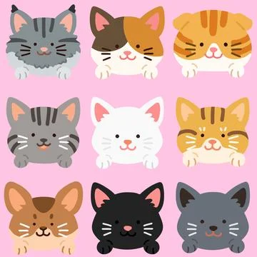 Flat colored adorable and simple cat heads with front paws set Ilustración de archivo
