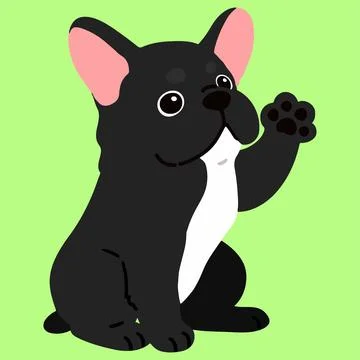 Flat colored black colored French Bulldog sitting waving hand Stock Illustration