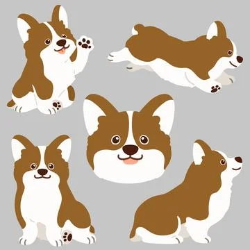 Flat colored brown Corgi illustrations set Stock Illustration