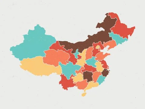 Flat colored China map. Vintage color Stock Illustration