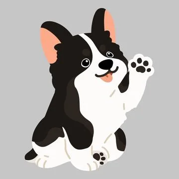 Flat colored cute black colored Corgi sitting and waving hand Stock Illustration