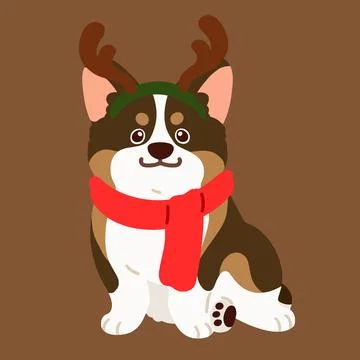 Flat colored cute sable colored Corgi sitting in front view Christmas style Stock Illustration