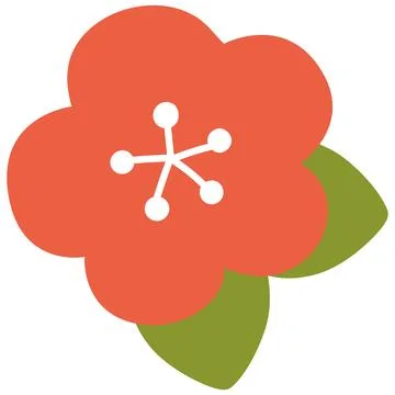 Flat colored illustration of simple plum blossom with leaves Illustrazione stock