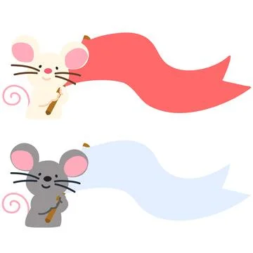 Flat colored zodiac white mouse and grey mouse with a flag Stock Illustration