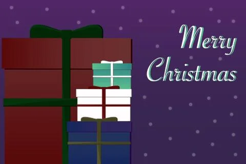 Flat colorful Christmas gift boxes with snow and ribbons Stock Illustration