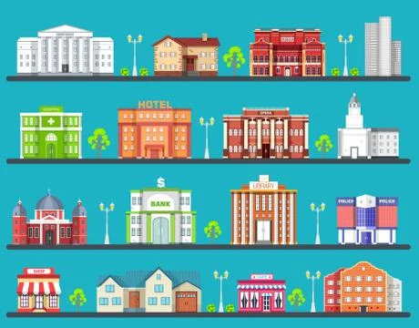 Flat colorful city buildings set. Icon background concept design. Architecture Stock Illustration
