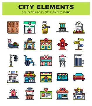 Flat colorful city elements icons collection Stock Illustration