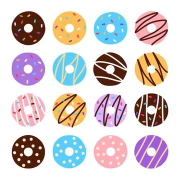 Flat colorful donuts set on white background. Stock Illustration