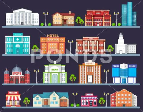 Flat colorful vector city buildings set. Icon background concept design Stock Illustration