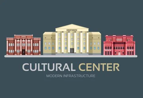 Flat colorful vector city cultural center buildings street. Icon background Stock Illustration
