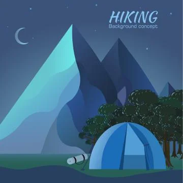 Flat colorful vector night tourism camping set.Icons background Illustrazione stock