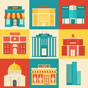 Flat colorful vector sity buildings set. Icons background concep Stock Illustration