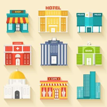 Flat colorful vector sity buildings icon background Stock Illustration
