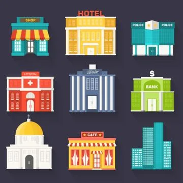 Flat colorful vector sity buildings set. Icon background concept design Stock Illustration