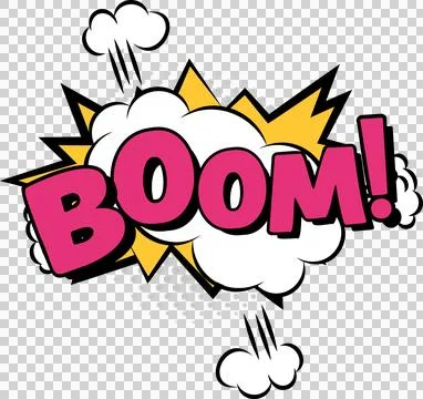 Flat comic explosion is popping on clear bg with pink BOOM!, cloud puffs, Illustrazione stock