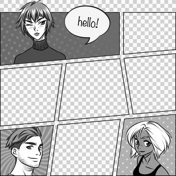 Flat comic layout is showing three smiling faces with speech bubble, tones, Stock Illustration