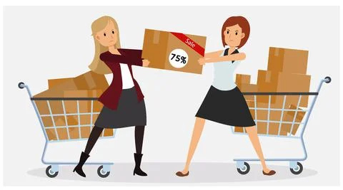 Flat commercial concept of promotion and discount. Black friday. 2 women are  Stock Illustration