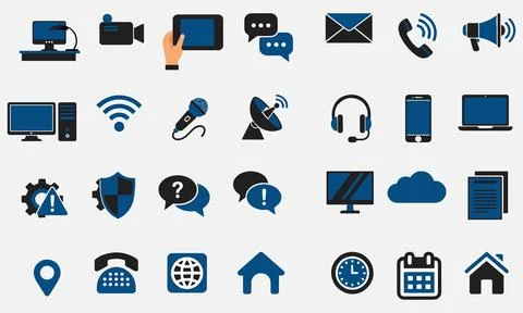 Flat Communication and Technology Icons Set  Blue Business &amp; Media Vector 스톡 일러스트