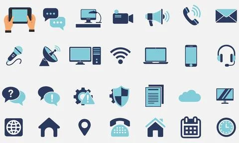 Flat Communication and Technology Icons Set Stock Illustration