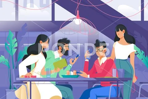 Flat company with woman and man in cafe drinking. Stock Illustration