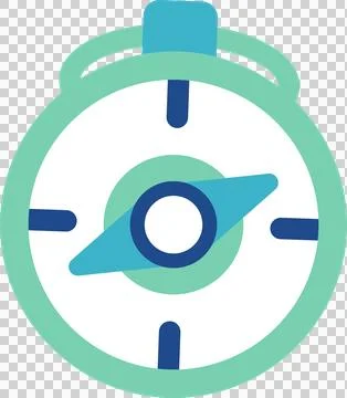 Flat compass icon is spinning with green rim, blue ticks, needle, top loop, Stock Illustration