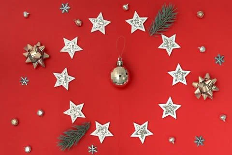 Flat composition of Christmas decorations in white and gold and fir branches  Stock Photos