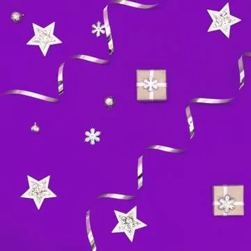 Flat composition of Christmas decorations in white and silver on a purple bac Stock Photos