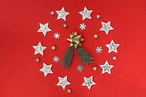 Flat composition of Christmas decorations in white and gold and fir branches  Stock Photos