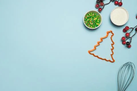 Flat composition with ingredients for baking on a blue background Stock Photos