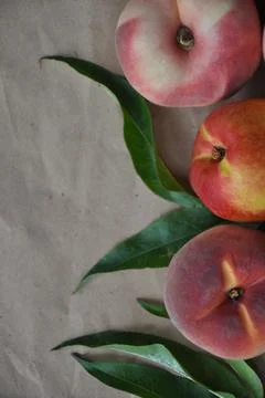  Flat composition with peaches. Stock Photos