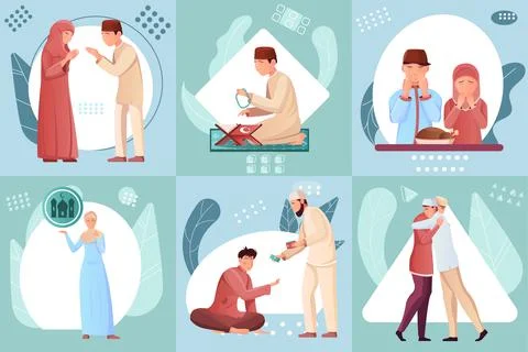 Flat compositions set with muslims reading quran illustration Stock Illustration