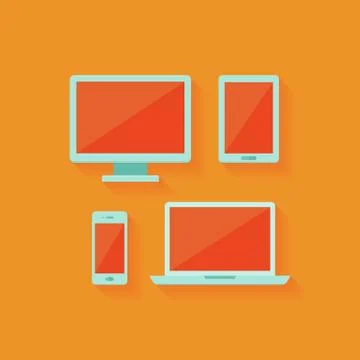 Flat computer and mobile devices set over orange 스톡 일러스트