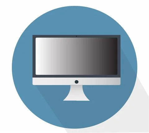 Flat Computer in a Blue Circle. White Background. Illustrazione stock