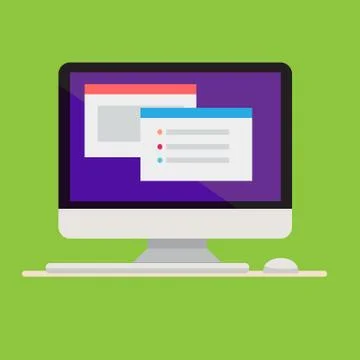 Flat computer design with keyboard and mouse,window tab on blue screen vector Stock Illustration