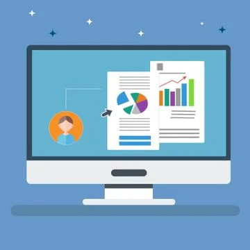 Flat computer with personal information and business static vector. Illustrazione stock