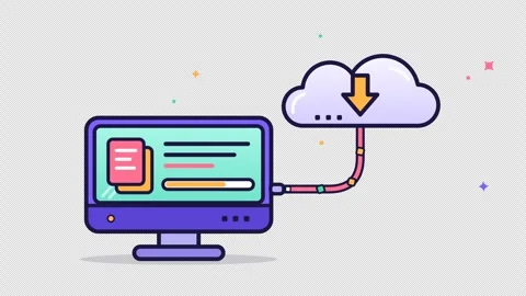 Flat computer screen connected to cloud downloading data animation Stock Footage 348105143