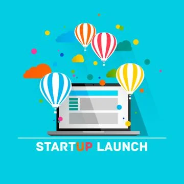 Flat concept background with hot air balloons. Project start up - launch Illustrazione stock