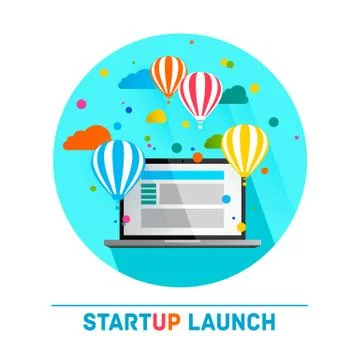 Flat concept background with hot air balloons. Project start up - launch Stock Illustration