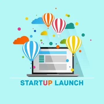 Flat concept background with hot air balloons. Project start up - launch Stock Illustration