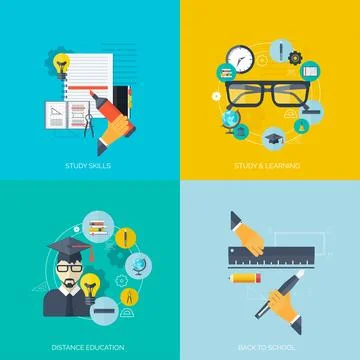 Flat concept education backgrounds set. Back to school. Distance learning. Study Stock Illustration