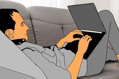 Flat concept illustration. A freelancer working at home with cat. Creative Illustrazione stock