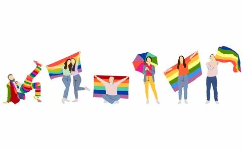 Flat concept of people holding flags and sign of pride month	 Stock Illustration