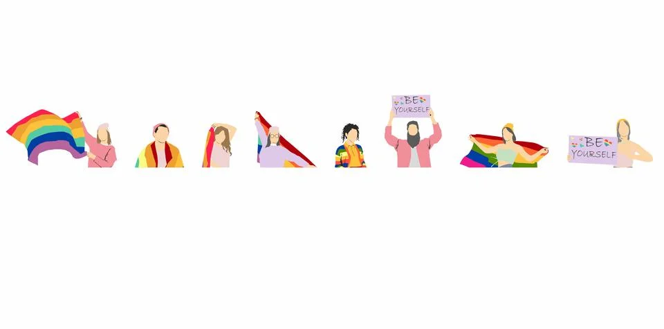 Flat concept of unity and equality people holding flags of pride LGBT half isola Stock Illustration