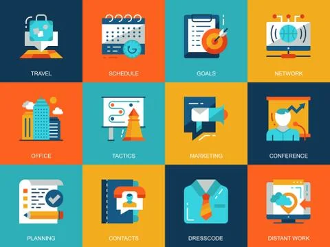 Flat conceptual business and development icons concepts set 스톡 일러스트
