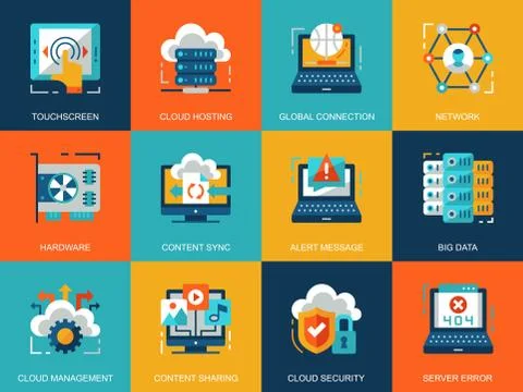 Flat conceptual cloud technology icons concepts set Stock Illustration